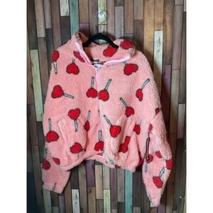 Weekending Pink Red Heart Lollipop Print Zippered Front Jacket Women’s Large NWT